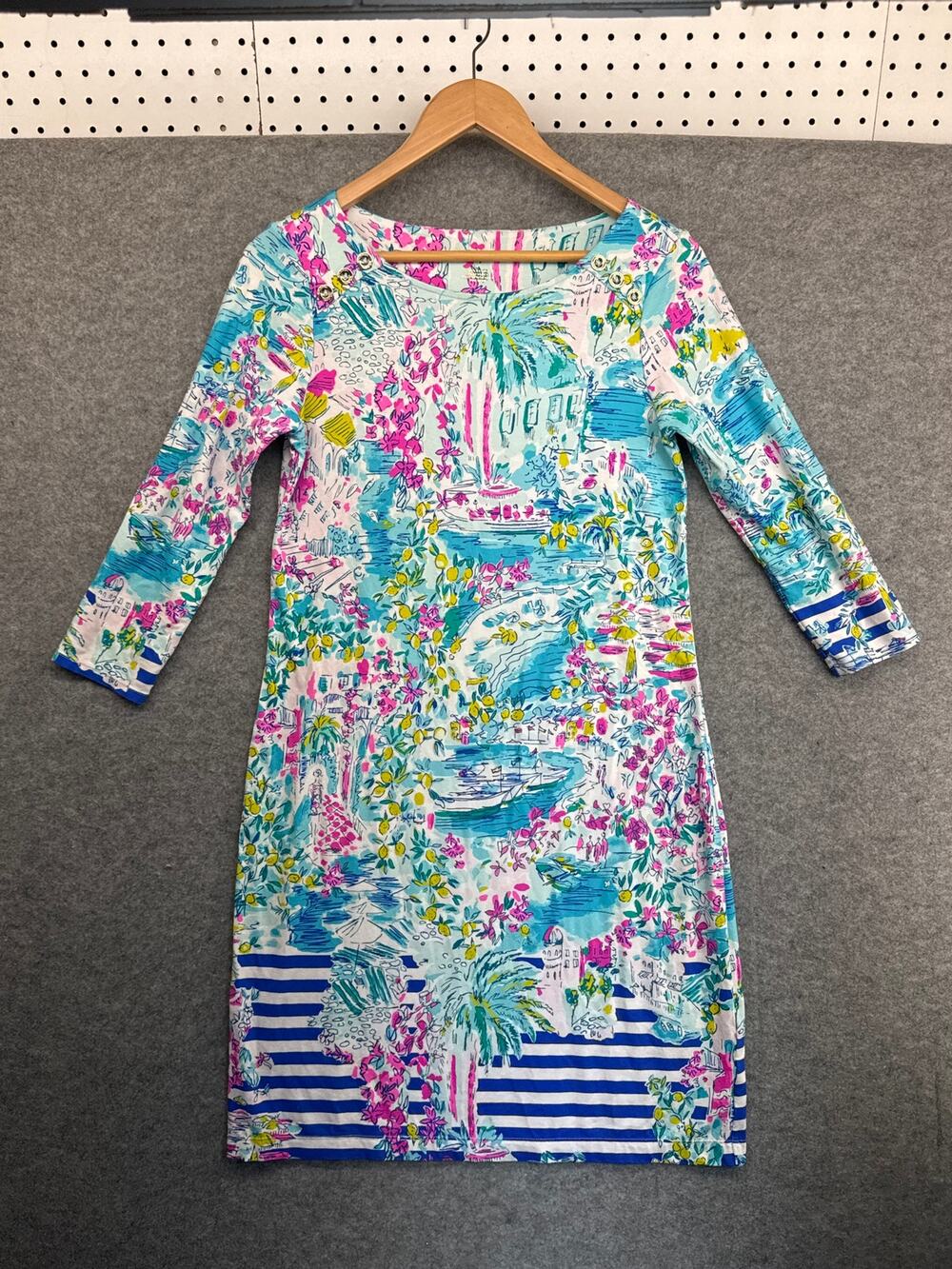 Lilly Pulitzer UPF 50+ Pearson Tropical Print Stripes 3/4 Sleeve Dress Women M